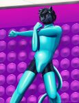  2021 anthro black_body black_fur blue_latex bulge clothed clothing conrad_(mitokep) crossdressing dancing felid fur glistening glistening_clothing hi_res inside latex_stockings leotard looking_down looking_forward male mammal mitokep nightclub one-piece_swimsuit pantherine rubber rubber_clothing rubber_suit solo standing swimwear yellow_eyes 