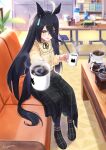  1girl ahoge animal_ears artist_name black_hair black_skirt buttons coffee coffee_mug cup eyebrows_visible_through_hair hair_between_eyes highres holding holding_cup horse_ears horse_girl horse_tail long_hair long_sleeves manhattan_cafe_(umamusume) mug open_mouth shirt signature sitting skirt solo tail trapiorra umamusume yellow_eyes yellow_shirt 