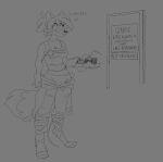  anthro big_ears black_and_white breasts canid canine canis chell chell_(fursona) cleavage clothed clothing comic digital_media_(artwork) door english_text female fennec fox fur hair hi_res jumpsuit long_fall_boots mammal monochrome ponytail portal_(series) portal_gun shirt sign simple_background sketch sketchytoasty sleeves_past_wrists smile solo tank_top text tied_shirt topwear valve video_games white_background 