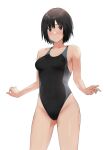  1girl amagami ass_visible_through_thighs bangs black_hair black_swimsuit blush breasts closed_mouth commentary_request competition_swimsuit cowboy_shot embarrassed highleg highleg_swimsuit highres looking_at_viewer medium_breasts nanasaki_ai one-piece_swimsuit revision shirt short_hair simple_background smile solo standing swimsuit white_background ykh1028 
