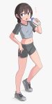  1girl bangs black_hair blue_eyes bottle eyebrows_visible_through_hair full_body grey_shirt grey_shorts hair_between_eyes hand_on_hip highres holding holding_bottle looking_at_viewer midriff navel open_mouth original saiste shirt shoes short_sleeves shorts simple_background sneakers solo t-shirt water_bottle white_background 