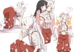  2girls absurdres black_eyes black_hair blush bow closed_mouth collared_shirt fire fujiwara_no_mokou hair_bow highres hime_cut houraisan_kaguya japanese_clothes kawayabug long_hair long_sleeves motion_lines multiple_girls multiple_views navel pants parted_lips pink_shirt red_eyes red_pants shirt simple_background smile speech_bubble suspenders touhou white_background white_bow white_hair white_shirt wide_sleeves 