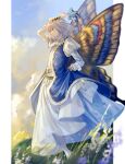  1boy arthropod_boy bangs barefoot blue_eyes bug butterfly butterfly_wings cape chinese_commentary crown diamond_hairband fate/grand_order fate_(series) flower from_side fur_trim grass grey_hair hand_up highres holding holding_clothes holding_shoes insect_wings light_smile long_sleeves looking_at_viewer looking_to_the_side male_focus medium_hair oberon_(fate) puffy_sleeves shoes shoes_removed sky solo weii2021 wings 