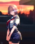  1girl black_bodysuit black_sailor_collar bodysuit breasts brown_hair furutaka_(kancolle) furutaka_kai_ni_(kancolle) glowing glowing_eye heterochromia kantai_collection large_breasts looking_at_viewer mani_oniniku neckerchief orange_sky red_neckerchief sailor_collar school_uniform serafuku short_hair sky solo yellow_eyes 