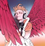  1boy blonde_hair boku_no_hero_academia closed_mouth commentary_request facial_hair feathered_wings fur_collar fur_trim hawks_(boku_no_hero_academia) highres male_focus parka red_wings short_hair smile solo spiked_hair stubble wings yococco 