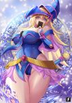  1girl bare_shoulders blonde_hair blue_headwear blush_stickers breasts card cleavage dark_magical_circle dark_magician_girl duel_monster green_eyes hat highres large_breasts long_hair looking_at_viewer looking_down pentacle teng_zhai_zi wand wizard_hat yu-gi-oh! 