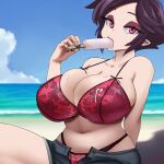  1:1 absurd_res beach big_breasts breasts cleavage clothed clothing female food hi_res huge_breasts humanoid humanoid_pointy_ears not_furry popsicle seaside solo vampiranhya 