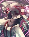 black_sclera claws colored_sclera commentary_request energy fangs glowing glowing_eyes highres katsukare looking_at_viewer no_humans open_mouth palkia pink_eyes pokemon pokemon_(creature) solo space tongue 