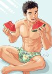  1boy abs bara commentary food fruit gentle2nd large_pectorals male_focus mature_male muscular muscular_male navel nipples original pectorals short_hair solo spiked_hair stomach topless topless_male watermelon 
