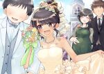  2boys 2girls bare_shoulders black_eyes black_hair blush bridal_veil commentary_request dress earrings fang flower formal genderswap genderswap_(mtf) green_dress hair_flower hair_ornament hair_up happy jewelry long_hair multiple_boys multiple_girls necklace older original pregnant siblings sisters smile suit totoyasu_tsp veil wedding wedding_dress white_suit 