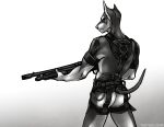  2019 anthro armor artist_name athletic athletic_anthro athletic_male biped bulletproof_vest butt canid canine canis clothed clothing countershade_arms countershade_butt countershade_face countershade_legs countershade_torso countershading digital_media_(artwork) dobermann domestic_dog frown fur gradient_background grey_body grey_fur greyscale gun harness holding_object holding_shotgun holding_weapon male mammal monochrome noronori partially_clothed pinscher ranged_weapon rear_view shotgun simple_background solo standing straps weapon white_background white_body white_countershading white_fur white_inner_ear 