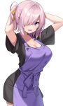 1girl arms_behind_head arms_up bangs black_shirt breasts cleavage collarbone fate/grand_order fate_(series) hair_over_one_eye highres large_breasts light_purple_hair looking_at_viewer mash_kyrielight open_mouth purple_apron purple_eyes shirt short_hair short_ponytail smile solo suiroh_(shideoukami) thighs tying_hair 