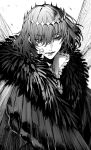  1boy :| alternate_hair_color arthropod_boy au_(d_elite) bangs black_hair cape closed_mouth collared_shirt crown dark_persona diamond_hairband expressionless eyebrows_visible_through_hair fate/grand_order fate_(series) fur_collar fur_trim grey_hair greyscale highres insect_wings long_sleeves looking_at_viewer male_focus medium_hair monochrome oberon_(fate) official_alternate_costume shirt signature solo spoilers twitter_username upper_body white_shirt wings 
