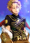  1boy belt blonde_hair boku_no_hero_academia commentary_request facial_hair feathered_wings fur_collar fur_trim hawks_(boku_no_hero_academia) highres male_focus open_mouth parka red_wings short_hair smile spiked_hair stubble upper_body wings yococco 