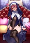  1girl absurdres black_legwear breasts couch garters habit heart highres hololive houshou_marine kneehighs large_breasts leg_up long_hair nun open_mouth pillow red_eyes red_hair sitting solo thighs tufang virtual_youtuber 