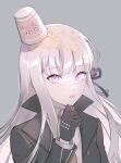  1girl bangs black_gloves braid danganronpa:_trigger_happy_havoc danganronpa_(series) food food_on_head gloves hair_ornament hair_ribbon jacket kirigiri_kyouko long_hair looking_at_viewer necktie noodles object_on_head purple_eyes purple_hair ramen ribbon shirt side_braid solo unmyeong 