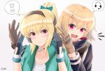  artist_name bangs blonde_hair bow cosplay ear_protection eyebrows_visible_through_hair gamryous girls&#039;_frontline gloves green_hairband hair_bow hairband highres holding iris_(material_sniper)&#039; iris_(material_sniper)&#039;_(cosplay) jacket long_hair material_sniper multicolored_clothes multicolored_gloves ponytail red_eyes scw_(girls&#039;_frontline) smile sv-98_(girls&#039;_frontline) 