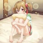  1girl bare_legs bed blonde_hair hair_ornament highres looking_at_viewer object_hug okdwtr on_bed pillow red_eyes short_hair silica sitting sitting_on_bed solo sword_art_online twintails 