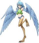  1girl ahoge artist_request bare_shoulders bird_legs blue_hair breasts denim denim_shorts eyebrows_visible_through_hair feathered_wings feathers frills green_shirt hair_between_eyes harpy medium_hair midriff monster_girl monster_musume_no_iru_nichijou monster_musume_no_iru_nichijou_online navel official_art papi_(monster_musume) shirt short_shorts shorts sidelocks small_breasts smile solo standing standing_on_one_leg talons winged_arms wings yellow_eyes 