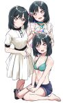  bangs bikini black_hair collarbone dark_green_hair denim denim_shorts dress fang flower green_bikini hair_flower hair_ornament hair_ribbon highres love_live! love_live!_nijigasaki_high_school_idol_club love_u_my_friends mifune_shioriko multiple_views navel orange_eyes ribbon short_hair shorts swept_bangs swimsuit totoki86 white_dress 