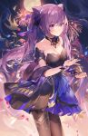  1girl black_dress blue_dress breasts cleavage detached_collar dress falling_petals fireworks genshin_impact hair_cones hair_ribbon hands_up highres keqing_(genshin_impact) keqing_(opulent_splendor)_(genshin_impact) kocir looking_at_viewer medium_breasts moon pantyhose pearl_hair_ornament petals purple_eyes purple_hair purple_nails ribbon signature smile solo twintails two-tone_dress 