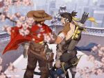  2boys beard black_hair bow_(weapon) brown_hair cassidy_(overwatch) commentary cowboy_hat facial_hair gloves hanzo_(overwatch) hat holding japanese_clothes long_hair male_focus multiple_boys overwatch ponytail strawberry_napa tattoo weapon 