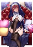  1girl absurdres black_legwear border breasts breasts_out couch garters habit heart highres hololive houshou_marine kneehighs large_breasts leg_up long_hair nun open_mouth pillow red_eyes red_hair sitting solo thighs tufang underboob virtual_youtuber white_border 