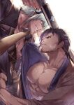  2boys bara bare_pectorals braid character_request commentary_request copyright_request facial_hair highres japanese_clothes large_pectorals male_focus mature_male multiple_boys muscular muscular_male nipples pectoral_cleavage pectorals stubble white_hair zanki 
