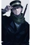  1boy ainu_clothes black_hair commentary_request golden_kamuy hat kepi long_sleeves male_focus military military_hat military_uniform scar scar_on_cheek scar_on_face scar_on_mouth scar_on_nose scarf sei_8220 short_hair sideburns smile sugimoto_saichi uniform 