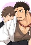  bara beads beard birthday black_hair blush brown_hair character_request chest_hair closed_eyes commentary facial_hair harada_(basashi) houzouin_oniwaka hug hug_from_behind japanese_clothes kimono large_pectorals looking_at_another looking_back male_focus open_mouth pectoral_cleavage pectorals prayer_beads scar scar_on_face scar_on_forehead sweat tassel tokyo_afterschool_summoners yaoi 