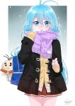  1girl absurdres adjusting_scarf antenna_hair bag bag_charm black_coat blue_background blue_hair blue_nails blush breasts cardigan charm_(object) coat cowboy_shot dated denpa_onna_to_seishun_otoko duffel_coat enpera eyebrows_visible_through_hair fringe_trim gradient gradient_background hair_between_eyes highres houndstooth karamaya long_hair looking_at_viewer open_clothes open_coat parted_lips pleated_skirt print_scarf purple_scarf red_skirt scarf school_bag school_uniform signature skirt snowing solo touwa_erio white_background winter winter_uniform 