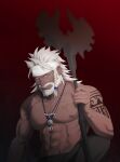  1boy abs bara beard commentary_request facial_hair final_fantasy final_fantasy_xiv highres large_pectorals long_hair lyon_rem_helsos male_focus mature_male muscular muscular_male mustache navel nipples pectorals ry_mangdung smile solo stomach topless topless_male white_hair 