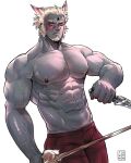  1boy abs bara character_request commentary final_fantasy final_fantasy_xiv highres holding large_pectorals male_focus mature_male muscular muscular_male navel nipples pectorals solo stomach sword tiowinwin topless topless_male weapon 