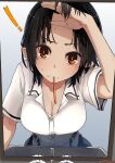  ! 1girl black_hair black_skirt blush breasts brown_eyes buttons cleavage collarbone collared_shirt futatsuki_eru highres large_breasts mirror pointy_ears shameimaru_aya shirt short_hair short_sleeves skirt solo toothbrush toothbrush_in_mouth touhou upper_body white_shirt 