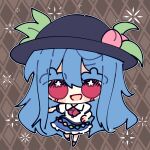  1girl :d absurdres argyle argyle_background ascot bangs black_headwear blouse blue_hair blue_skirt blush brown_background brown_footwear collared_blouse eyebrows_visible_through_hair food frilled_skirt frills fruit full_body hair_between_eyes hat highres hinanawi_tenshi leaf long_hair looking_at_viewer mangi5000 open_mouth peach puffy_short_sleeves puffy_sleeves rainbow_gradient rainbow_order red_ascot red_eyes shoes short_sleeves sidelocks skirt smile solo standing standing_on_one_leg symbol-only_commentary thick_eyebrows touhou white_blouse 