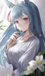  1girl animal_ears bangs blue_hair blurry blurry_foreground blush bra_strap braid breasts collarbone crown_braid depth_of_field eyebrows_visible_through_hair flower hair_ornament hibimaru highres holding holding_flower horse_ears jewelry long_hair long_sleeves looking_at_viewer medium_breasts mejiro_ardan_(umamusume) necklace purple_eyes shirt smelling smelling_flower solo umamusume upper_body very_long_hair white_flower white_shirt 