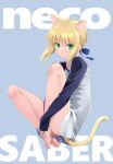  1girl :3 ahoge animal_ears artoria_pendragon_(fate) ass bare_legs blonde_hair blush cat_ears cat_tail convenient_leg extra_ears fate/stay_night fate_(series) green_eyes hair_bun legs looking_at_viewer no_pants raglan_sleeves saber shirotsumekusa shirt short_hair skirt smile solo tail thighs white_shirt 