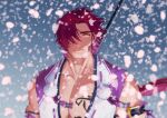  1boy bara closed_mouth commentary_request japanese_clothes long_hair long_sideburns male_focus pectoral_cleavage pectorals ponytail red_hair sideburns smile solo tonbokiri tonbokiri_(touken_ranbu) touken_ranbu weapon yellow_eyes yuzuki_(hmr813k) 