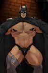 1boy abs armpit_hair bara batman batman_(series) black_cape black_male_underwear bodysuit bruce_wayne bulge cape chest_hair covered_nipples dc_comics drooling hypnosis jimsdaydreams large_pectorals leg_hair looking_at_viewer male_focus male_underwear mask mind_control muscular muscular_male navel navel_hair open_mouth patreon_username pectorals saliva sex_toy solo thick_thighs thighs thong torn_bodysuit torn_clothes underwear vibrator vibrator_under_clothes 