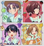  ;d asakura_tooru bare_shoulders black_hair braid brown_hair collage commentary_request cosmetics drinking drinking_straw earrings fangs food fruit fukumaru_koito gloves grapes hair_ornament hair_ribbon hairclip hamster hat heart high_ponytail highres higuchi_madoka hirekatsu_(kmrkbs) ichikawa_hinana idolmaster idolmaster_shiny_colors jewelry lemon lipstick_tube long_hair looking_at_viewer low_twintails melon melon_soda mole mole_under_eye nail_polish noctchill_(idolmaster) one_eye_closed open_mouth phone polka_dot polka_dot_shirt purple_eyes purple_nails ribbon sailor_collar shirt short_hair short_twintails skin_fangs smile strawberry twin_braids twintails 