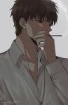  1boy bangs black_eyes cigarette collarbone collared_shirt covered_mouth fate_(series) grey_hair hand_on_own_face highres holding kotomine_kirei long_sleeves male_focus mature_male mct shirt short_hair smoking white_shirt 