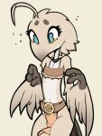  3:4 3_fingers ambiguous_gender animal_humanoid anthro avian avian_humanoid belt biped blue_eyes bra brown_body brown_feathers choker clothing feathers fingers hi_res humanoid itsunknownanon jewelry necklace solo underwear 