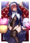  1girl absurdres black_legwear border breasts couch garters habit heart highres hololive houshou_marine kneehighs large_breasts leg_up long_hair nun open_mouth pillow red_eyes red_hair sitting solo thighs tufang virtual_youtuber white_border 