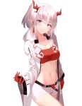  1girl arknights bandeau bangs beijiushui breasts coat commentary grin highres horns large_breasts long_hair long_sleeves looking_at_viewer midriff navel nian_(arknights) open_clothes open_coat parted_lips pointy_ears purple_eyes short_shorts shorts silver_hair simple_background smile solo stomach strapless tube_top white_background white_coat white_shorts wide_sleeves 