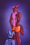  absurd_res arcwolfdragon blue_body blue_fur bluge_in_face bottomwear bulge canid canine canis clothing collar duo fox fur genitals green_eyes grin hi_res holding_leash holding_object kneeling leash looking_down male male/male mammal orange_bottomwear orange_clothing orange_pants pants purple_body purple_fur red_body red_eyes red_fur shorts smile sniffing standing tail toung toung_out underwear underwear_sniffing wolf 