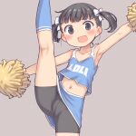  1girl :d aaaa_(quad-a) arm_up armpits bike_shorts black_eyes black_hair blue_skirt blush bow cheerleader child grey_background hair_bow highres leg_up looking_at_viewer midriff navel original pom_pom_(cheerleading) short_hair simple_background skirt smile solo standing standing_on_one_leg sweat twintails white_bow 