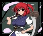  1girl bangs breasts closed_mouth eyebrows_visible_through_hair ghost hair_bobbles hair_ornament holding holding_scythe large_breasts looking_at_viewer obi onozuka_komachi red_eyes red_hair sash scythe short_hair smile solo totosu touhou two_side_up upper_body 