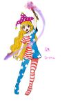  1girl absurdres american_flag_dress american_flag_legwear american_flag_shirt blonde_hair clownpiece commentary_request derivative_work dress fairy full_body hat highres holding holding_torch jester_cap korean_commentary kuya_(hey36253625) legacy_of_lunatic_kingdom leggings long_hair looking_at_viewer neck_ruff no_wings open_mouth pantyhose polka_dot polka_dot_headwear purple_eyes purple_headwear simple_background star_(symbol) star_print striped striped_dress torch touhou translation_request very_long_hair white_background 