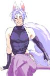  1boy abs absurdres animal_ears black_shirt blue_hair blush closed_eyes facing_viewer fox_boy fox_ears fox_tail highres johnnybooboo kuya_(nu_carnival) mole mole_under_eye muscular muscular_male nu_carnival pale_skin pants purple_legwear shirt sitting sleeveless sleeveless_shirt smile tail white_background 