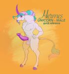  anthro balls biped blue_hair blue_tail english_text equid equine erection fur genitals green_hair green_tail hair hand_on_hip hooves horn male mammal model_sheet multicolored_tail ninetht nipples orange_background penis pink_hair pink_nipples pink_tail purple_eyes purple_hooves purple_horn purple_penis ribbed_horn simple_background smile solo standing tail_tuft text tuft unicorn white_balls white_body white_fur white_tail 